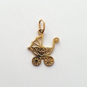 Vintage Designer Solid 9K 9CT Yellow Gold Baby Carriage Charm Pendant